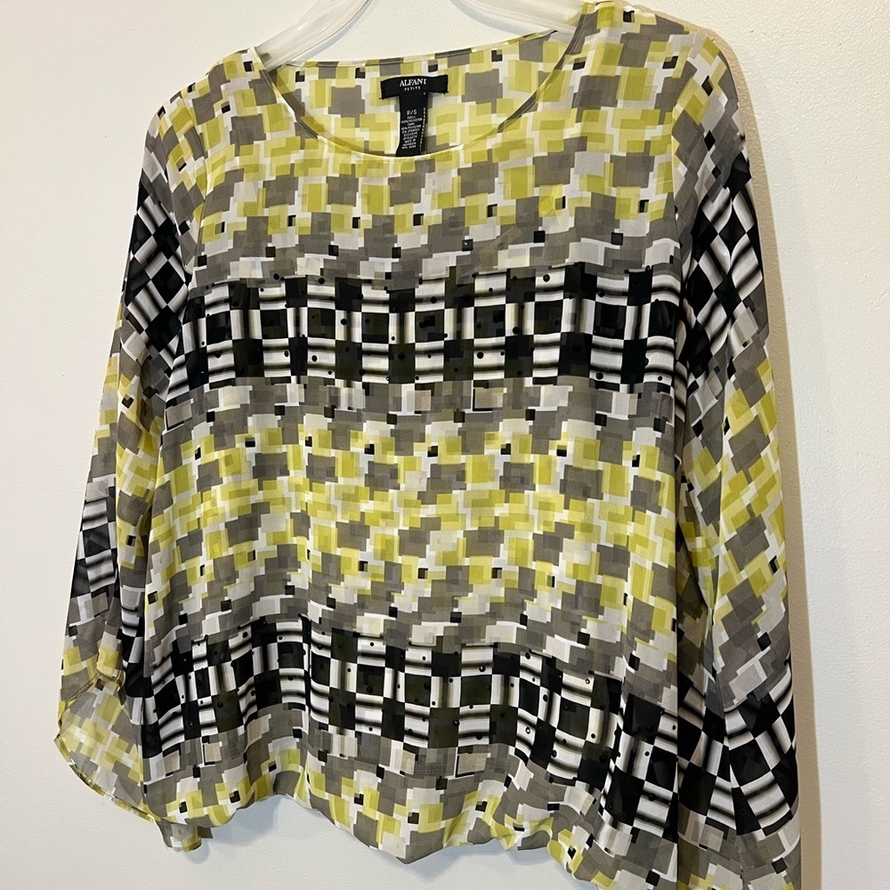 Formal Fairycore Black Yellow Office Sheer Plaid Top - Size Petite Small